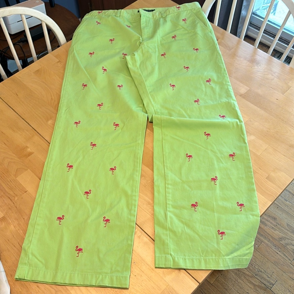 Ralph Lauren Lime Green With Pink Embroidered Flamingo Pants Size 14
